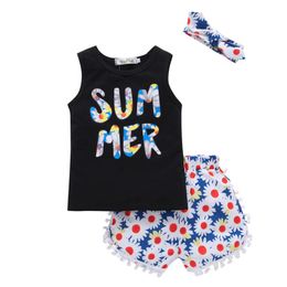 Kleding sets peuter baby meisjes jongens kleding brief print vest tops + zonnebloem shorts + hoofdbanden outfits enfant