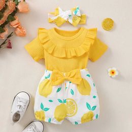 Ensembles de vêtements pour bébés filles, vêtements d'été solides, haut à manches courtes + short imprimé citron, ensemble de 2 pièces, vêtements de mode pour nourrissons