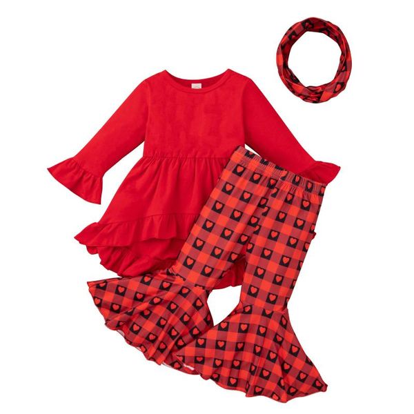 Ensembles de vêtements pour bébés filles, costume mignon pour la saint-valentin, hauts à volants, imprimé coeur, pantalon évasé, foulard pour adolescents