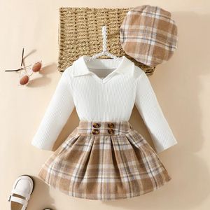 Ensembles de vêtements Enfant en bas âge bébé filles tenues d'automne couleur unie col rabattu T-shirts à manches longues hauts jupes à carreaux béret casquette 3 pièces ensemble de vêtements