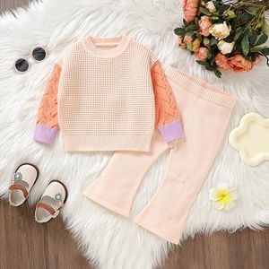 Conjuntos de ropa Bebés pequeños Niñas Otoño Invierno Ropa Contraste Color Manga larga Tops Pantalones acampanados Conjunto Casual Prendas de punto 2 piezas Trajes 0-3T