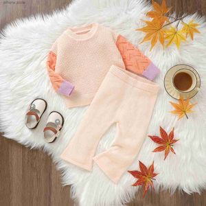 Kledingsets Peuter Baby Meisjes Gebreide Kleding Set Pasgeboren Baby Trui Pak Contrasterende Kleur Lange Mouw Tops Flare Broek Set Casual 2-delige outfit