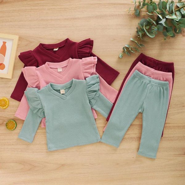 Ensembles de vêtements pour les petites filles à manches longues volant des pantalons de hauts solides.