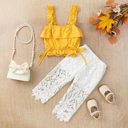 Vêtements Ensembles pour tout-petit bébé filles d'été 2pcs pantalon mode froissé à volants en dentelle pantalon floral en dentelle