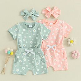 Kledingsets Peuter Baby Girls Zomer 3-delige outfits Bloemprint T-shirt met korte mouwen en shorts Hoofdbandset Mooie kleding