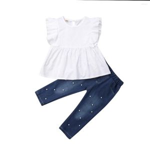 Ensembles de vêtements pour bébés filles, 2 pièces, joli et décontracté, manches à volants, T-Shirts blancs, hauts et pantalons en Denim perlé, 2-7 ans