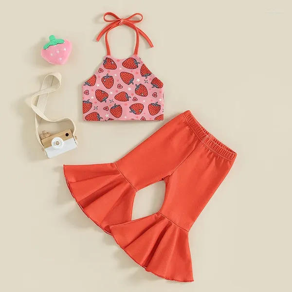 Conjuntos de ropa para bebés y niñas, traje de verano con cuello Halter y estampado de fresa, chaleco con pantalones acampanados, conjunto de 2 piezas para niños