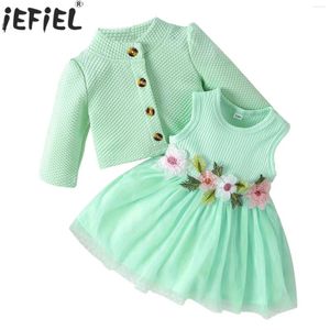 Kledingsets Peuter Baby Girls Sweet Cute Princess Dress Bloem Gesnit mesh tutu met jas Casual lente herfst outfit verjaardagsfeestje