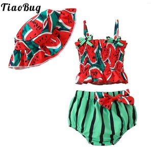 Kledingsets Peuter Baby Girls Swimsuit Zomer Outfits Watermeloenprint Mouwloze Fol -Cami Top met Bloomers Hat Pool Beach Swimwear
