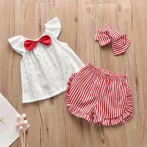 Kledingsets Peuter Baby Kinderen meisje kanten vlinderdas vaste tops streep ruches shorts haarband set lange mouw pyjama's meisjes