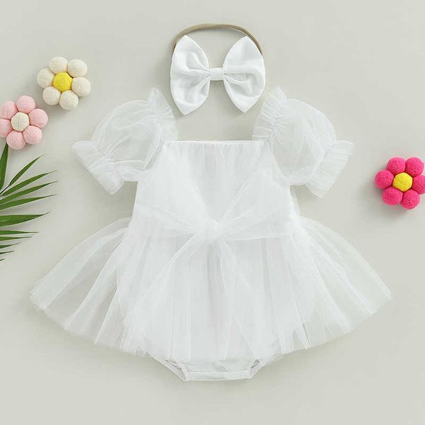 Ensembles de vêtements Vêtements pour bébés en bas âge Fille Tenues d'été à manches courtes Bow avant Romper Robe en tulle avec bandeau Ensemble 2pcs Vêtements pour enfants