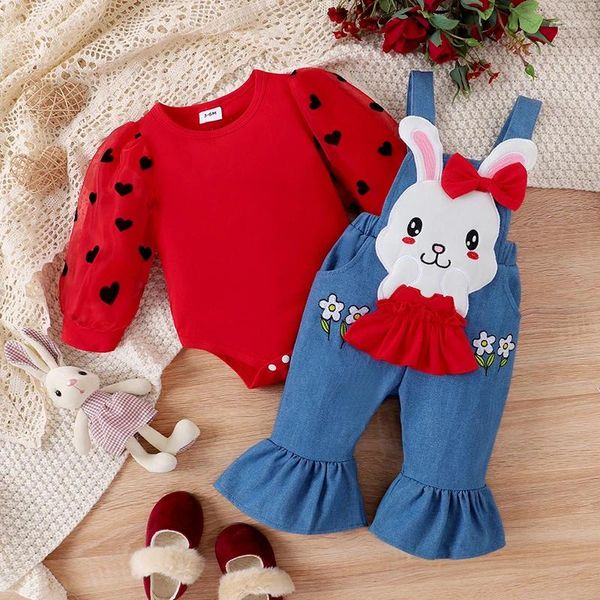 Ensembles de vêtements Enfant Né Bébé Fille Tenue Coeur À Manches Longues Barboteuse Avec Lapin De Bande Dessinée Salopette Pantalon Ensemble D'automne