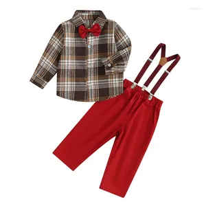 Kledingsets Toddler Boy 2 -delige Pak Plaid Button lange mouw shirt met vlinderdas en breukbroek voor zomerse formele outfit