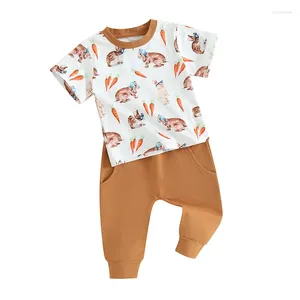 Kledingsets Peuterjongen Paasoutfits Wortelprint T-shirts met korte mouwen en elastische taille Lange broek 2-delige kledingset