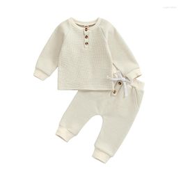 Kleding Sets Peuter Jongen Meisje Kleding Unisex Baby Effen Kleur Outfits Wafel Gebreide Lange Mouwen Pullover Shirts Broek Herfst Winter 2 Stuks