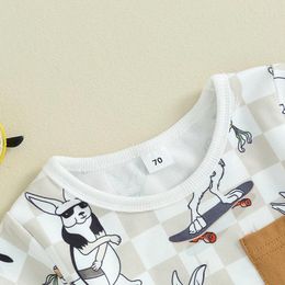 Conjuntos de ropa Conjunto corto para niño pequeño Traje para el día de Pascua Camiseta con estampado de manga Top Pantalones cortos de tablero de ajedrez 2 piezas