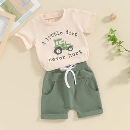 Ensembles de vêtements Toddler Boy Shorts Set Letter Tracteur Print T-shirt à manches round à manches courtes avec tenue solide 2pcs