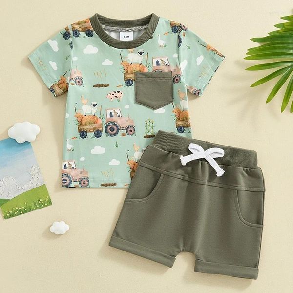 Ensembles de vêtements Toddler Boy Summer Tamie Truck Imprimez un t-shirt de poche à manches courtes avec shorts de couleur unie