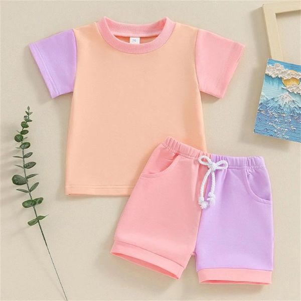 Conjuntos de ropa Conjunto de verano con bloques de color para niños pequeños, camiseta de manga corta con cuello redondo y ropa para niños grandes de dos colores, talla 8