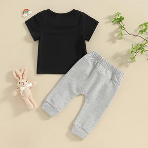 Kledingsets Peuter Jongens Paasdag Outfit Korte mouw Bunny Print Tops Baby Baby Boy Trekkoord Broek 2 stuks
