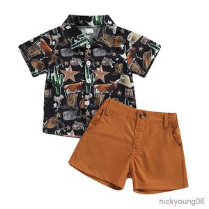 Conjuntos de ropa para niños pequeños, trajes de caballero, camisa de manga corta con botones y pantalones cortos informales con estampado de cactus de verano para niños
