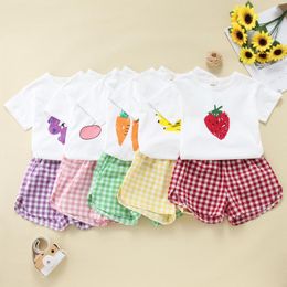 Ensembles de vêtements enfant en bas âge garçons filles ensemble de vêtements enfants à manches courtes mignon fruits imprimé floral t-shirt hauts shorts à carreaux décontracté 2 pièces tenues Ropa Ni