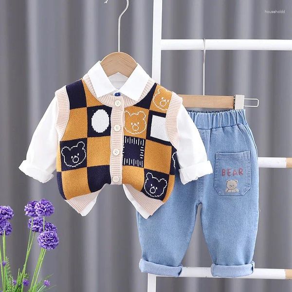 Ensembles de vêtements Toddler Boys Turnits 2024 Spring Baby Boy Clothes 6 à 12 mois Cartoon Cardigan Sweater Gest White Shirts Pantal