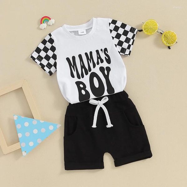 Ensembles de vêtements Toddler Boys Summer Summer Mamas Boy Checkerboard T-shirts à manches courtes et les vêtements de taille élastique