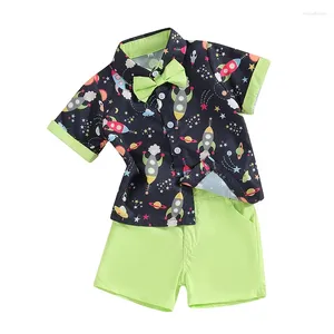 Kledingsets Peuter Jongens Zomershorts Korte mouw Revers Ruimtevaartuig Print Knopenshirt Groen