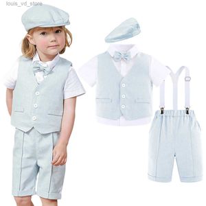 Kledingsets Toddler Boys Wedding Suit Baptism Ring Bearer Outfit Baby Doop verjaardagsfeestje Geschenkkostuum Korte Algemene sets 4pcs T240415