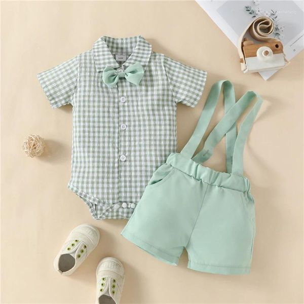 Ensembles de vêtements Vêtements pour tout-petits Vêtements pour bébés garçons Gentleman Outfit Plaid Combinaison à manches courtes et shorts à bretelles extensibles décontractés Ensemble