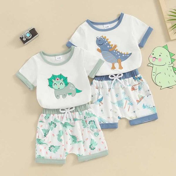 Ensembles de vêtements Toddler Vêtements Infant Boy Summer Dinosaur broderie T-shirt à manches courtes avec shorts de taille élastique Ensemble 2pcs H240507