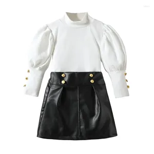 Ensembles de vêtements pour petites filles, tenue 2 pièces, chemises à manches longues et jupe trapèze en cuir de couleur unie, ensemble pour vêtements d'automne