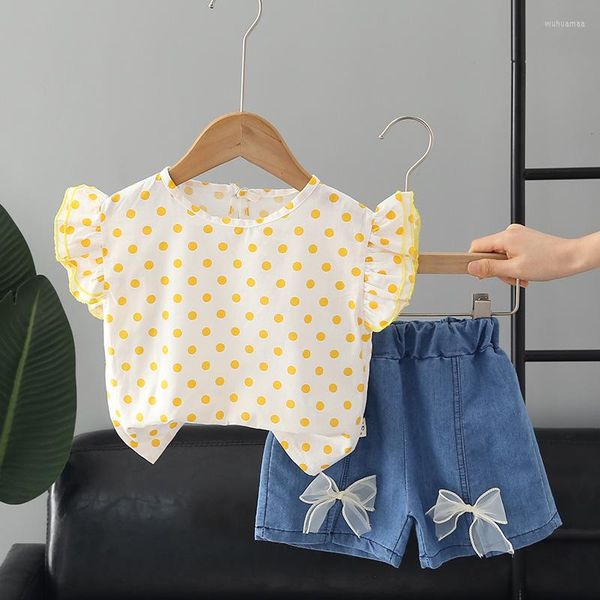 Conjuntos de ropa para niñas pequeñas, verano 2023, camisa de manga corta con volantes de lunares para niños, pantalones cortos de algodón con lazo vaquero para niñas