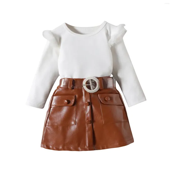 Ensembles de vêtements pour tout-petit Girl Automne / Pull d'hiver à manches longues Top Pu Leather Skirt Pearl Buckle Belt Piètement pour 1 à 6 ans Girls de tenue