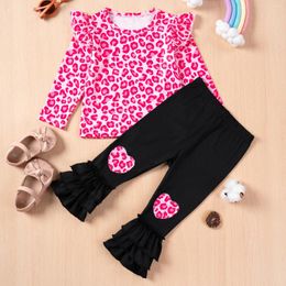 Kledingsets Peuter Girl-kleding Set Ruches T-shirt Luipaard Print Tops Flared Pants Outfits Kindermeisjes Girls Suits