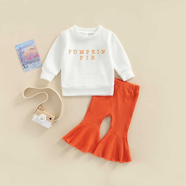 Conjuntos de ropa Ropa para niña pequeña Impresión de letras de Halloween Sudadera de manga larga con cuello redondo Tops y pantalones acampanados con cintura elástica