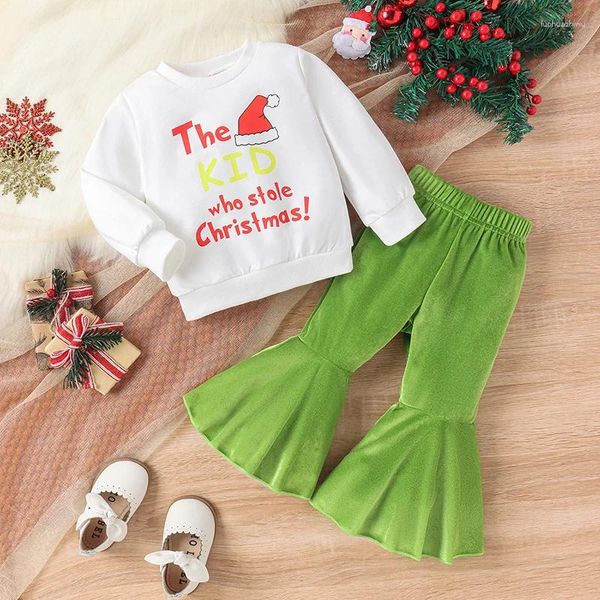 Conjuntos de ropa Niña pequeña Trajes de otoño Sombrero de Papá Noel Estampado de letras Sudaderas con cuello redondo Pantalones acampanados verdes 2 piezas Conjunto de ropa de Navidad