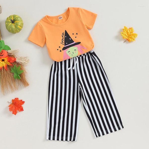 Ensembles de vêtements Toddler Girl Halloween Vêtements Witch Imprimé T-shirt à manches courtes Modèle de bande large Pantalon long Pantal
