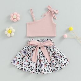 Ensembles de vêtements pour petites filles 2 pièces tenues d'été rose sans manches une épaule débardeurs et ensemble de jupe imprimé papillon léopard