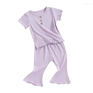 Ensembles de vêtements pour petites filles, vêtements d'été, manches courtes, poignets à volants côtelés, T-shirt, bas de cloche, ensemble 2 pièces, tenues pour bébés filles