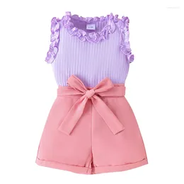 Kledingsets Toddler Girl Summer Outfit Solid Color Ribbed Frills Mouwloze tanktops en shorts met riem 2 stks kledingset