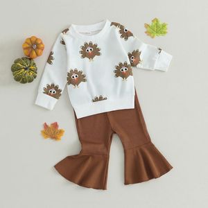 Ensembles de vêtements pour petites filles, vêtements de Thanksgiving 0-4T, 2 pièces, tenue décontractée, imprimé turc, hauts à manches longues, pantalons évasés