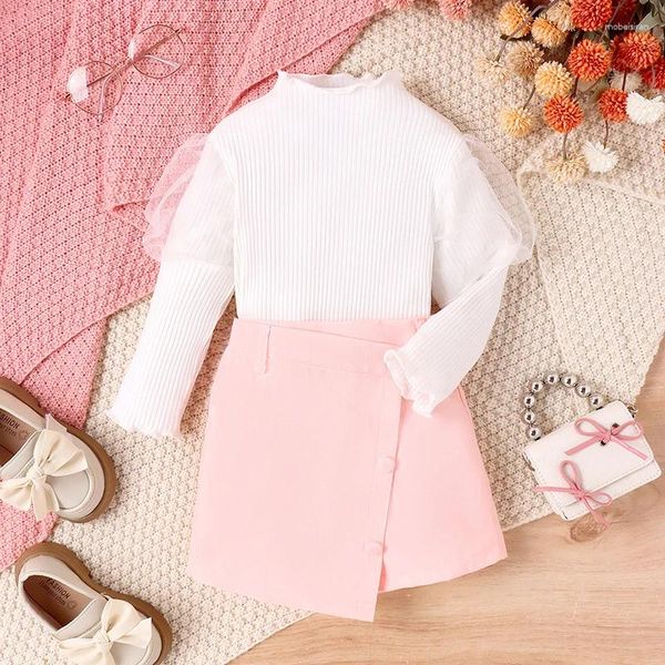 Conjuntos de ropa Conjunto de 2 piezas para niñas pequeñas Camisa de manga larga acanalada de colores sólidos y pantalones cortos Conjunto de ropa linda de verano