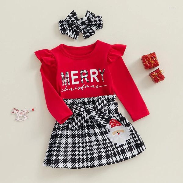 Ensembles de vêtements pour petites filles, 2 pièces, tenues de noël, t-shirts à manches longues à volants, hauts et jupe ceinturée, vêtements pour bébés de 1 à 5 ans