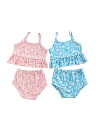 Ensembles de v￪tements pour les filles pour tout-petits 2pcs Summer Tenues Sans manches Daisy Print Ruffle Tops Gest Shorts 6M-4T