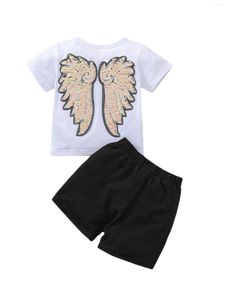 Ensembles de vêtements pour tout-petits filles 2 pièces tenues d'été à manches courtes dos paillettes ailes T-Shirt ensemble de shorts