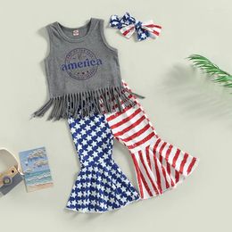 Ensembles de vêtements Toddler Girls 4 juillet Tenue du jour commémoratif Imprimerie Tassel Tops Pantalon Patriotique Pantalon évasé avec bandeau