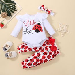 Ensembles de vêtements pour bébés filles, imprimés mignons, hauts à manches longues, pantalons rouges avec bandeaux, ensemble de 3 pièces