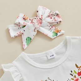 Juegos de ropa para niñas para niños pequeños Ajustes de Pascua de estampado floral Camiseta de manga corta y pantalones de bengala Diabla